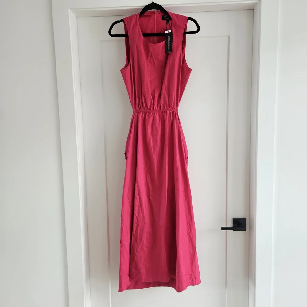 NWT Size 10 Banana Republic Linen Cotton Pink Midi Dress Cutout Back Pockets - Picture 2 of 7